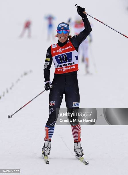 Kikkan Randall of the United States celebrates victory in the Women's Team Sprint Final at the FIS Nordic World Ski Championships on February 24,...