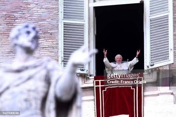 Pope Benedict XVI delivers his last Angelus Blessing from the window of his private apartment to thousands of pilgrims gathered in Saint Peter's...
