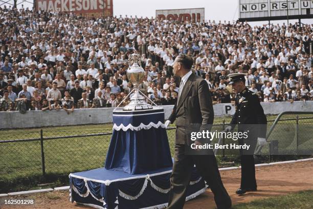 The League Trophy on display at a match between Chelsea and Bolton Wanderers at Stamford Bridge, London, 10th April 1954. Bolton Wanderers won the...