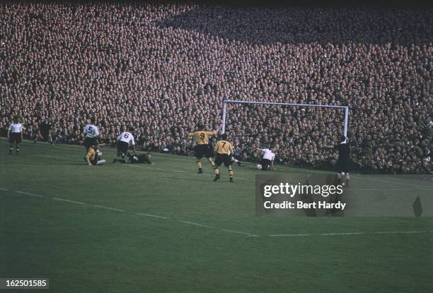 Wolverhampton Wanderers score the only goal of the match to beat Blackpool at Molineux Stadium, Wolverhampton, 4th September 1954. Wolves won the...