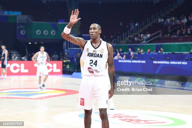 Ronde Follis-Jefferson of Jordan waves during the game against Greece as part of the 2023 FIBA World Cup on August 26, 2023 at Mall of Asia Arena in...