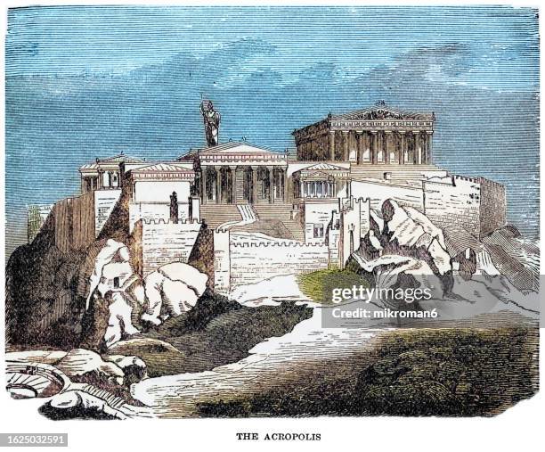old engraved illustration of acropolis at athens (restored) - fallen lord stock pictures, royalty-free photos & images