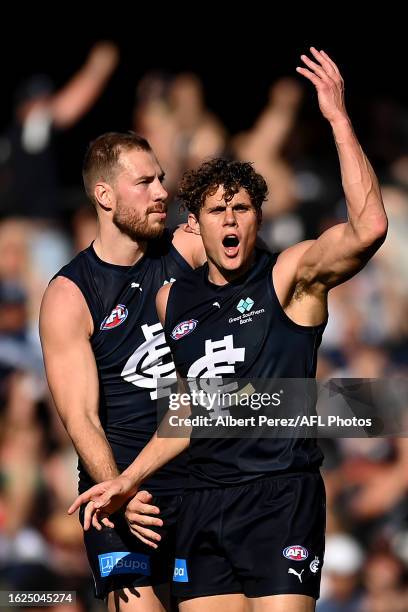 Charlie Curnow of the Blues celebrates kicking a goal during the round 23 AFL match between Gold Coast Suns and Carlton Blues at Heritage Bank...