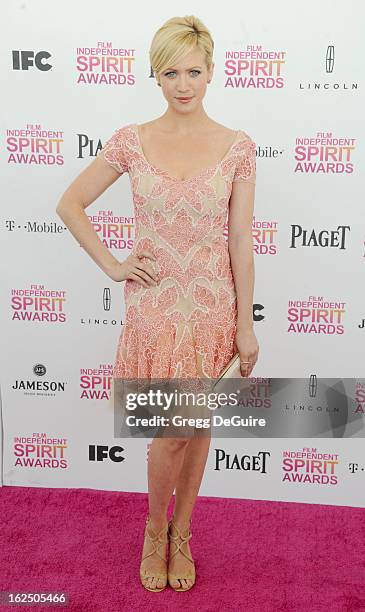 Actress Brittany Snow arrives at the 2013 Film Independent Spirit Awards at Santa Monica Beach on February 23, 2013 in Santa Monica, California.