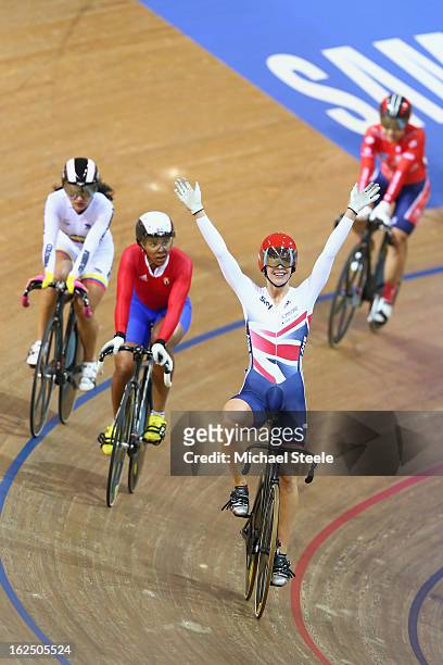 Rebecca James of Great Britain celebrates winning gold in the women's keirin final on day five of the 2013 UCI Track World Championships at the Minsk...