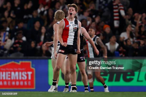 Mattaes Phillipou of the Saints celebrates a goal during the round 23 AFL match between St Kilda Saints and Geelong Cats at Marvel Stadium, on August...