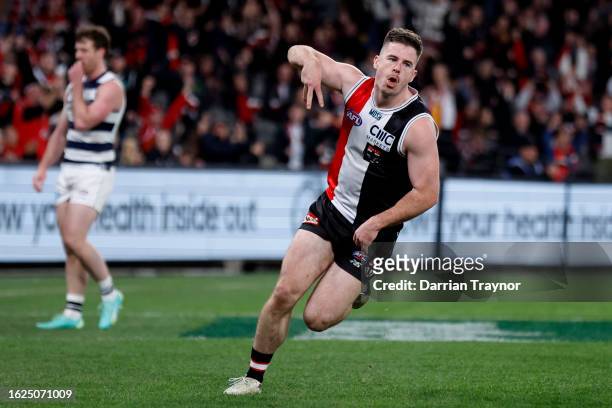 Jack Higgins of the Saints celebrates a goal during the round 23 AFL match between St Kilda Saints and Geelong Cats at Marvel Stadium, on August 19...