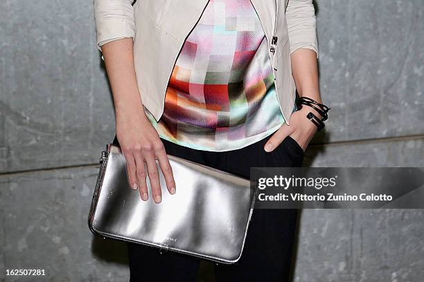 Detail of Aylin Tezel is seen as she attends the Emporio Armani fashion show as part of Milan Fashion Week Womenswear Fall/Winter 2013/14 on February...