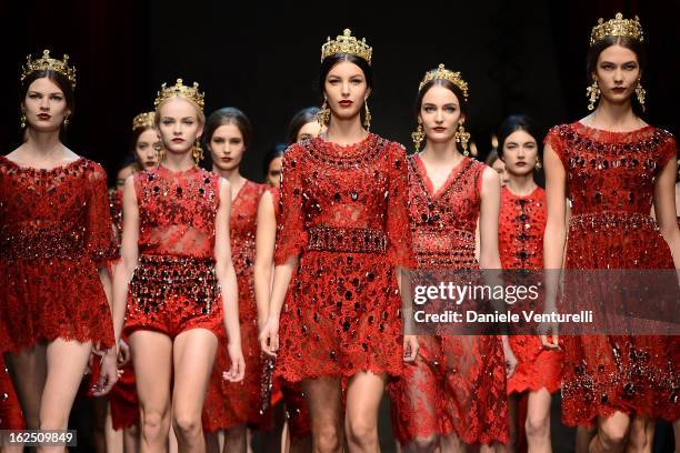 Models walk the runway at the Dolce & Gabbana fashion show as part of Milan Fashion Week Womenswear Fall/Winter 2013/14 on February 24, 2014 in...