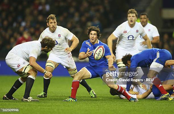 Maxime Machenaud of France passes during the RBS Six Nations match between England and France at Twickenham Stadium on February 23, 2013 in London,...