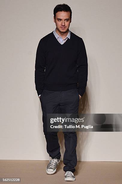 Designer Gabriele Colangelo acknowledges the audience at the end of the Genny fashion show as part of Milan Fashion Week Womenswear Fall/Winter...