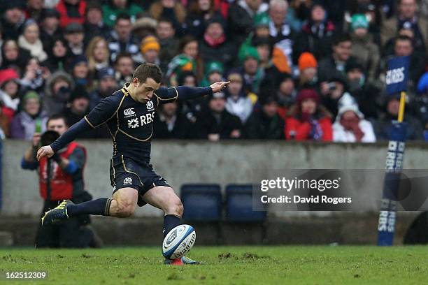 Scrumhalf Greig Laidlaw of Scotland kicks the matchwinning penalty during the RBS Six Nations match between Scotland and Ireland at Murrayfield...