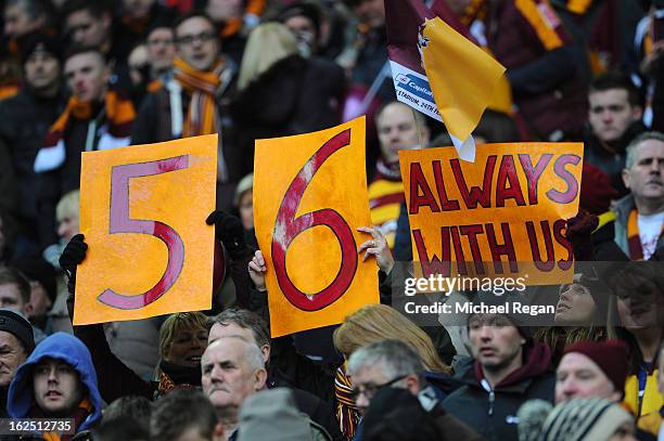 Bradford City fans pay tribute to the 56 fans who died the Bradford City stadium fire in 1985 during the Capital One Cup Final match between Bradford...