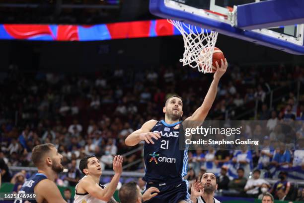 Ioannis Papaetrou of Greece celebrates against Jordan as part of the 2023 FIBA World Cup on August 26, 2023 at Mall of Asia Arena in Manila,...