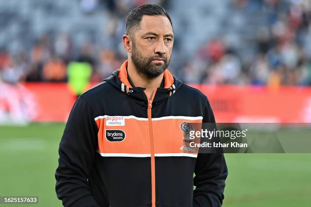 Benji Marshall of Wests Tigers looks on after the round 25 NRL match between Wests Tigers and Dolphins at CommBank Stadium on August 19, 2023 in...