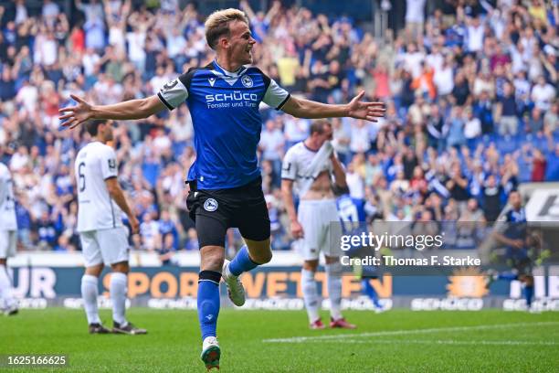 Nicklas Shipnoski of Bielefeld celebrates scoring his team first goal during the 3. Liga match between Arminia Bielefeld and Preußen Münster at...