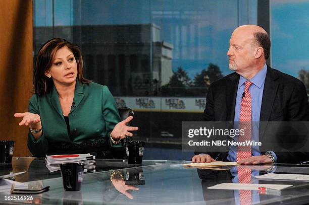 Pictured: – Maria Bartiromo, CNBC's “Closing Bell” left, and Jim Cramer, CNBC’s “Mad Money” right, appear on "Meet the Press" in Washington D.C.,...
