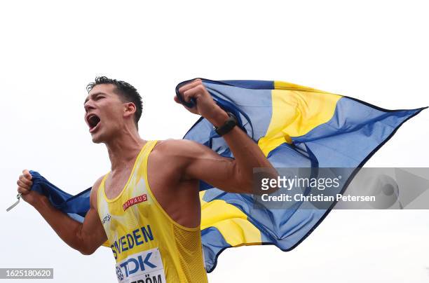 Silver medalist Perseus Karlstroem of Team Sweden celebrates after the Men's 20km Race Walk Final during day one of the World Athletics Championships...