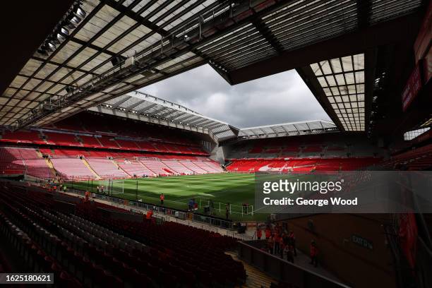 General view inside the stadium prior to the Premier League match between Liverpool FC and AFC Bournemouth at Anfield on August 19, 2023 in...