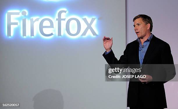 Mozilla's Chief Executive Officer Gary Kovacs gives a press conference to present the new Firefox OS mobile operating system in Barcelona on February...