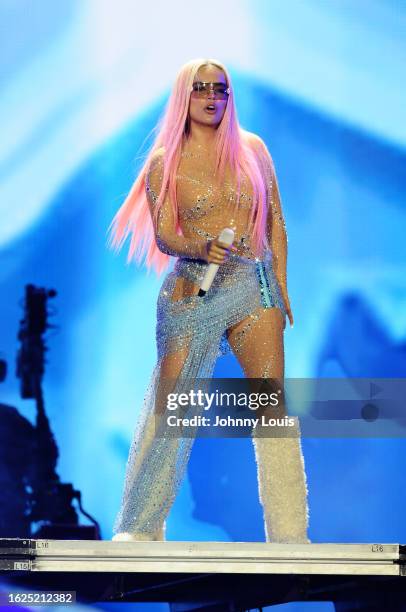 Colombian pop star Karol G performs live onstage during the Karol G Mañana Será Bonito Tour at Hard Rock Stadium on August 25, 2023 in Miami Gardens,...