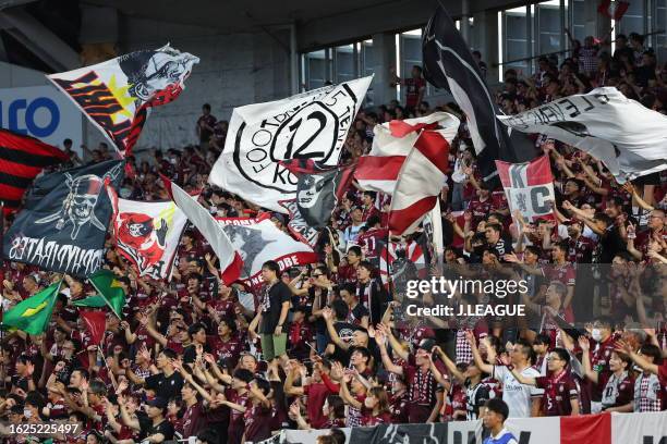 Vissel Kobe supporters cheer during the J.LEAGUE Meiji Yasuda J1 24th Sec. Match between Vissel Kobe and Kashiwa Reysol at NOEVIR Stadium Kobe on...