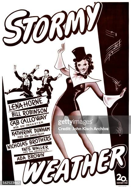 Movie poster advertises the Swedish release of the all black cast musical 'Stormy Weather,' starring Lena Horne, Bill 'Bojangles' Robinson, Cab...