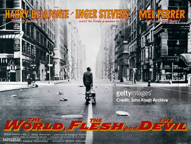 Movie poster advertises the British release of 'The World, the Flesh, and the Devil,' starring Harry Belafonte, Inger Stevens, and Mel Ferrer , 1959.
