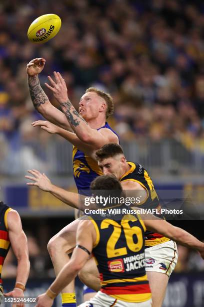 Bailey J. Williams of the Eagles contests a ruck with Reilly O'Brien of the Crows during the 2023 AFL Round 24 match between the West Coast Eagles...