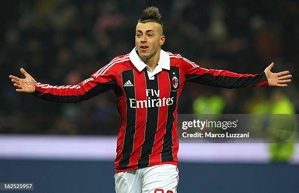 Stephan El Shaarawy of AC Milan celebrates after scoring the opening goal during the Serie A match FC Internazionale Milano and AC Milan at San Siro...