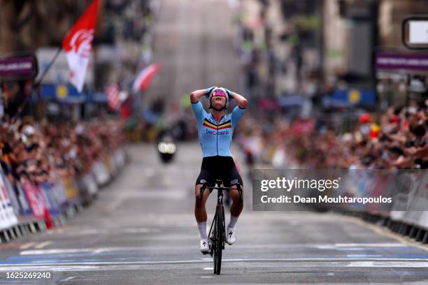 Lotte Kopecky of Belgium celebrates at finish line as race winner during the Women Elite & Women U23 Road Race a 154.1km race from Loch Lomond to...