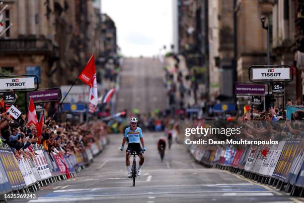 Lotte Kopecky of Belgium celebrates at finish line as race winner during the Women Elite & Women U23 Road Race a 154.1km race from Loch Lomond to...