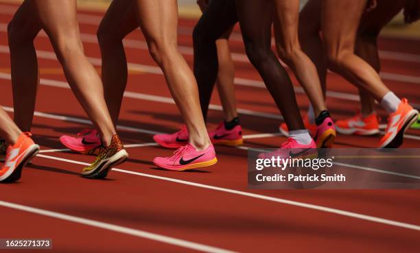 General view of sprinters' shoes during day one of the World Athletics Championships Budapest 2023 at National Athletics Centre on August 19, 2023 in...