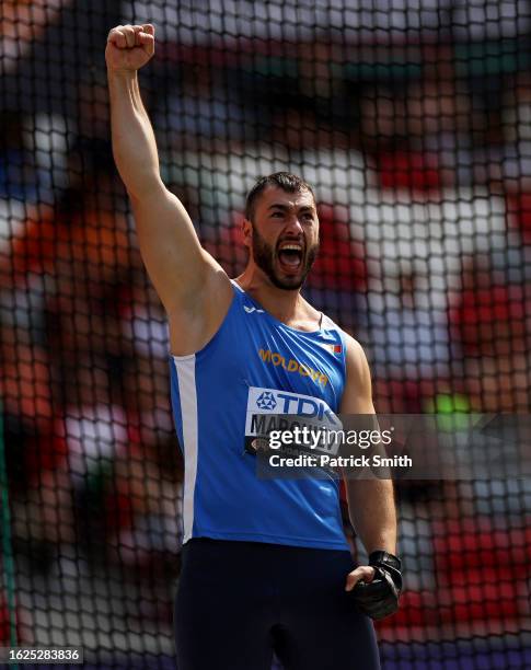 Serghei Marghiev of Team Moldova celebrates in the Men's Hammer Throw Qualification during day one of the World Athletics Championships Budapest 2023...