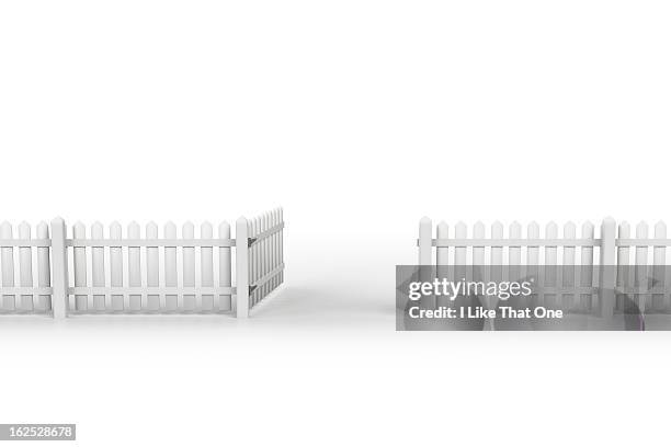 white picket fence with open gate - white picket gate stock pictures, royalty-free photos & images