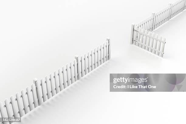 white picket fence with open gate - white picket gate stock pictures, royalty-free photos & images