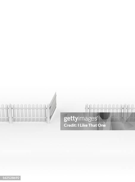 white picket fence with open gate - white picket gate stock pictures, royalty-free photos & images