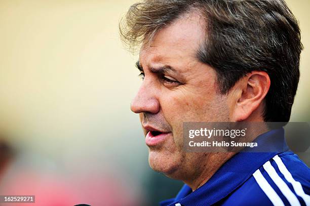 Gilson Kleina, coach of Palmeiras looks on during a match between Palmeiras and UA Barbarense as part of the Paulista Championship 2013 at Pacaembu...