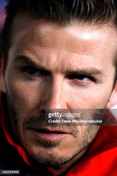 David Beckham of PSG is pictured on the bench prior to the Ligue 1 match between Paris Saint-Germain FC and Olympique de Marseille at Parc des...