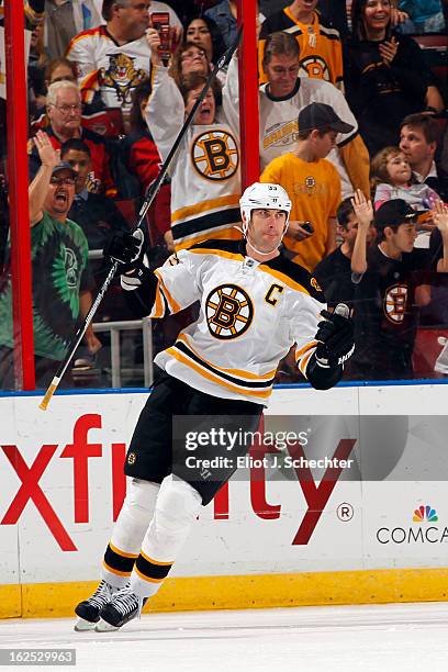 Zdeno Chara of the Boston Bruins celebrates his goal against the Florida Panthers at the BB&T Center on February 24, 2013 in Sunrise, Florida.