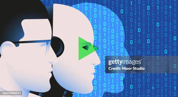 man, robot and binary code vector illustration - engineers scientists background stock illustrations