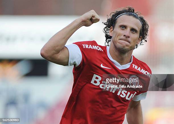 Diego Forlan, player of Internacional celebrates a goal during a match between Gremio and Internacional as part of the Gaucho championship at...