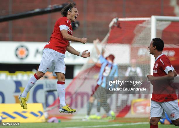 Diego Forlan, player of Internacional celebrates a goal during a match between Gremio and Internacional as part of the Gaucho championship at...