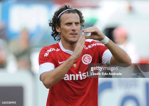 Diego Forlan, player of Internacional celebrates a goal during a match between Gremio and Internacional as part of the Gaucho championship at...