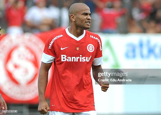 Rodrigo Moledo of Internacional celebrates a goal during a match between Gremio and Internacional as part of the Gaucho championship at Centenario...