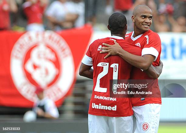 Rodrigo Moledo of Internacional celebrates a goal during a match between Gremio and Internacional as part of the Gaucho championship at Centenario...