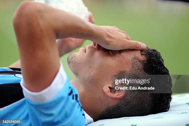 Alex Telles of Gremio reacts during a match between Gremio and Internacional as part of the Gaucho championship at Centenario stadium on February 24,...