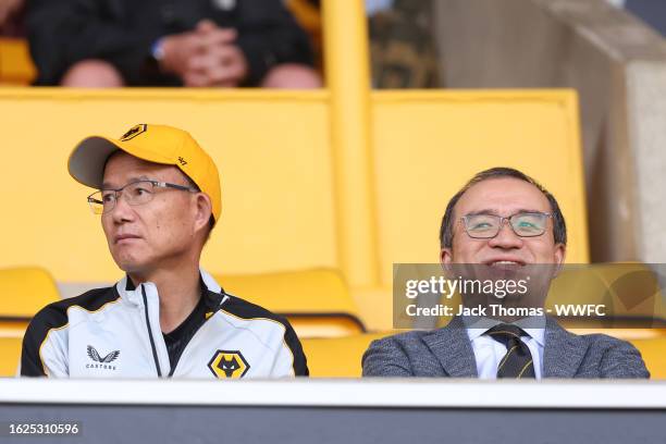 Executive Chairman, Jeff Shi and owner of Wolves Guo Guangchang are seen during the Premier League match between Wolverhampton Wanderers and Brighton...