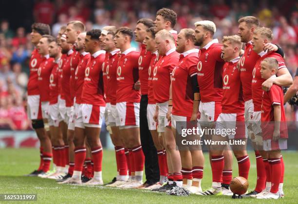 The Welsh team sign their anthem ahead of the Summer International match between Wales and South Africa at Principality Stadium on August 19, 2023 in...