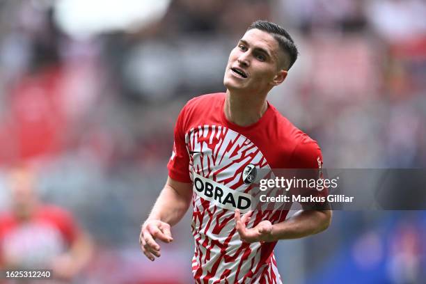 Roland Sallai of Sport-Club Freiburg celebrates after scoring the team's second goal during the Bundesliga match between TSG Hoffenheim and...